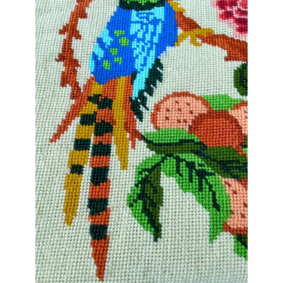 Vintage completed Needlepoint Picture Unframed Bird Flowers - Picture 10 of 11